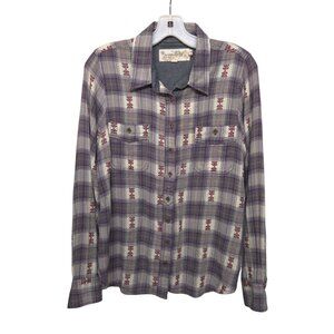 Aventura Button Down Shirt Purple L Organic Cotton Plaid Boho Rustic Western